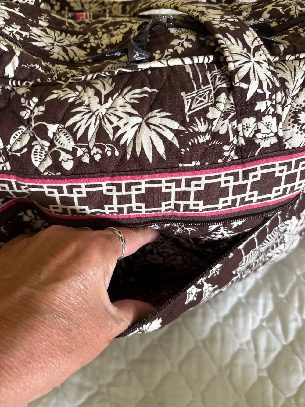 Vera Bradley Brown and Cream Quilted Duffel Diaper Bag with Pink Trim